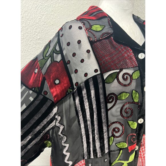 Vintage 1990s Blast Shirt XL Black Velour Floral Artsy Sheer Silk Button Up - Picture 4 of 15